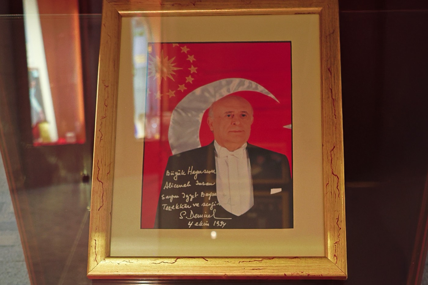 Türk bayrağının önünde çekilmiş, el yazısıyla imzalanmış Demirel portresi