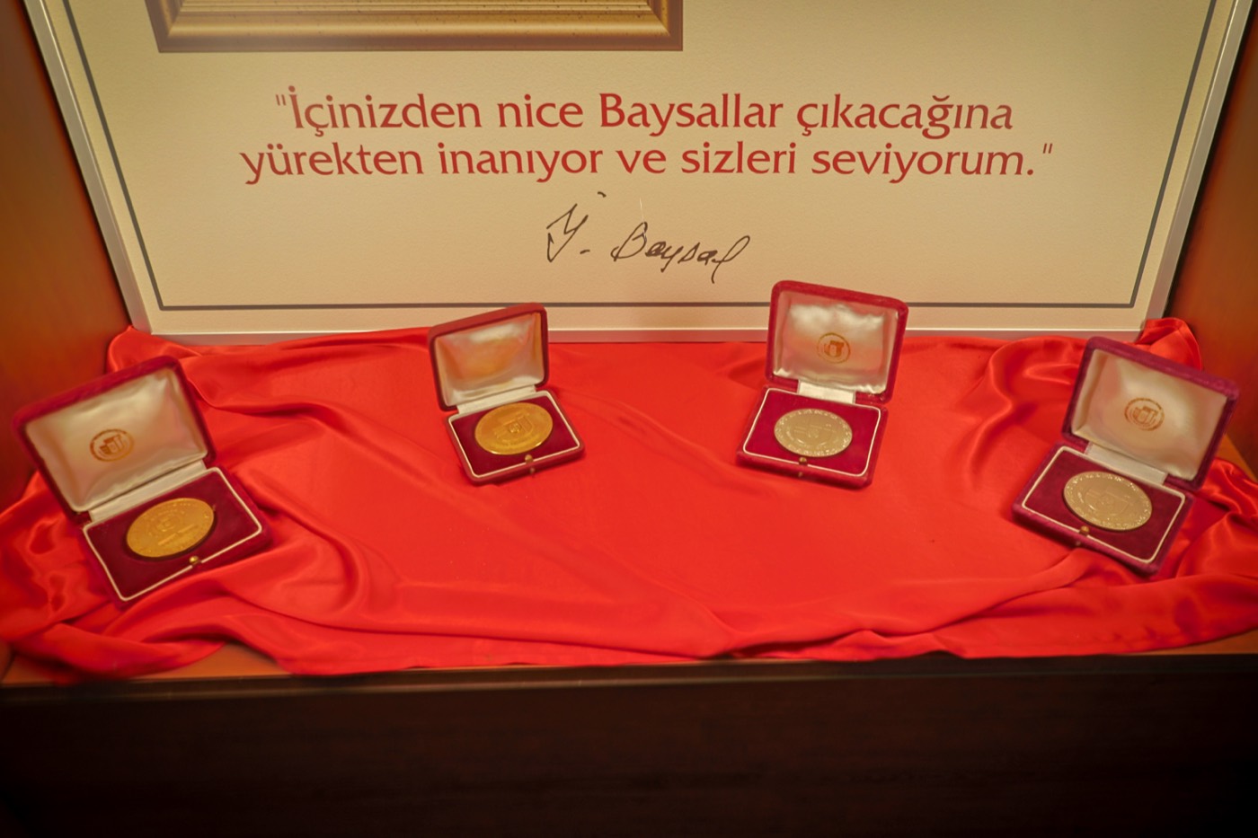 Levhanın altındaki kırmızı örtüde kutularıyla sıralanmış dört madalya
